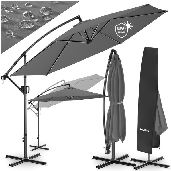 Grauer Ampelschirm von tectake mit UV-Schutz, wasserabweisendem Stoff, verstellbarem Neigungswinkel, inklusive Schutzhülle und Standkreuz.