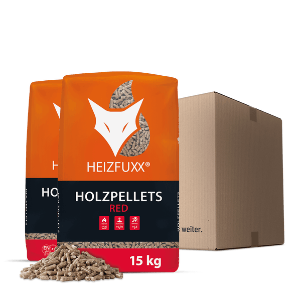 Heizfuxx Holzpellets Red im 15 Kilogramm Sack, zertifiziert nach ENplus A1 Standard. Hoher Heizwert, geringer Aschegehalt und geringer Feinanteil.