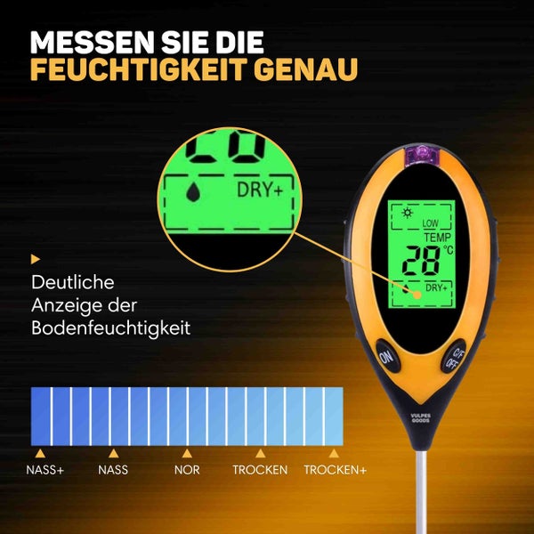 Vulpes Goods Bodenfeuchtigkeitsmessgerät - Für Pflanzen - Thermo- und Feuchtigkeitsmesser - Innen und Außen - pH Licht