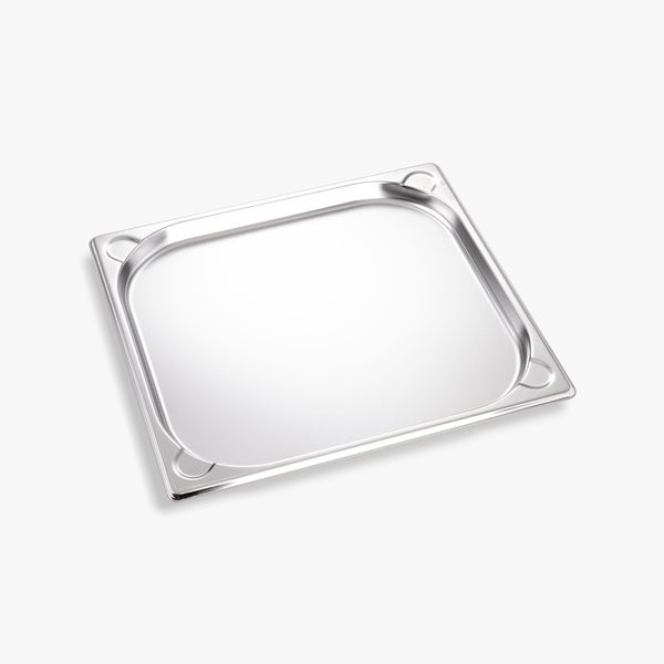 Flacher Gastronormbehälter aus Edelstahl in quadratischer Form.