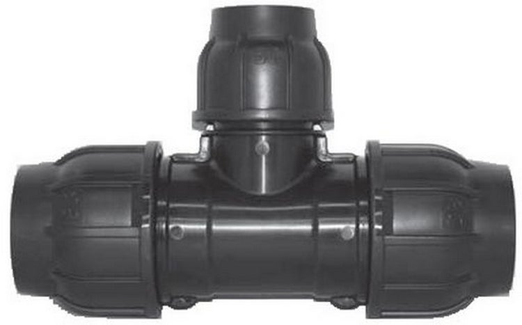 T-Stück Klemmverbinder für PE-Rohre aus schwarzem Kunststoff.