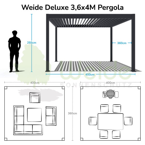 Weide Deluxe Pergola 3,6 x 4 M - Freistehend, Voll-Aluminium, Lamellendach, Anthrazit