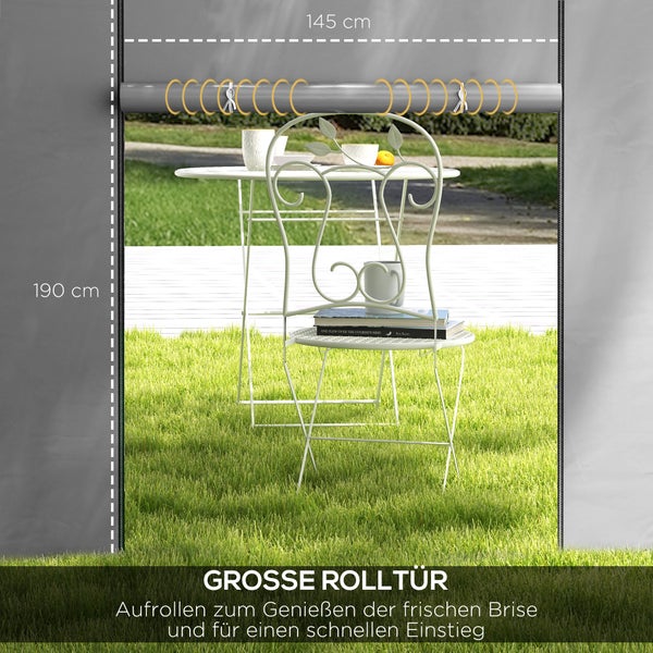 Große Rolltür für ein Gartenzelt oder einen Geräteschuppen mit den Maßen 145 Zentimeter mal 190 Zentimeter.