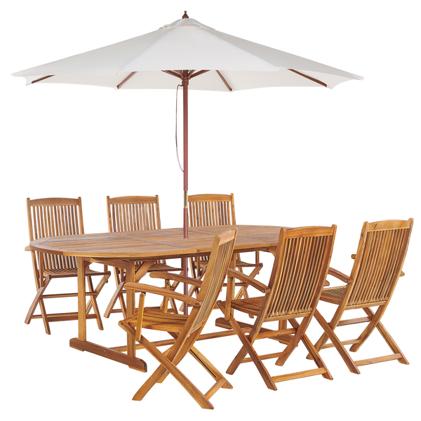 Gartenmöbel Set 6-Sitzer MAUI mit Schirm (12 Optionen) Akazienholz Hellbraun