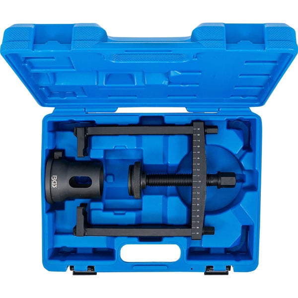 Werkzeugsatz mit Spindel und Zubehör in einem blauen Werkzeugkoffer