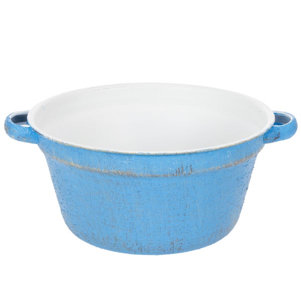 Blauer Pflanztopf aus Keramik mit Henkeln und strukturierter Oberfläche im Vintage-Look.