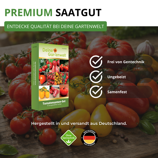 Tomatensamen-Set von Deine Gartenwelt, 10 Sorten, frei von Gentechnik, ungebeizt und samenfest, hergestellt in Deutschland.