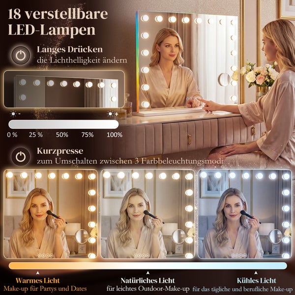Beleuchteter Schminkspiegel mit 18 LED-Lampen, stufenlos dimmbar und drei Lichtfarben: warmes, natürliches und kühles Licht. Mit Touch-Steuerung.