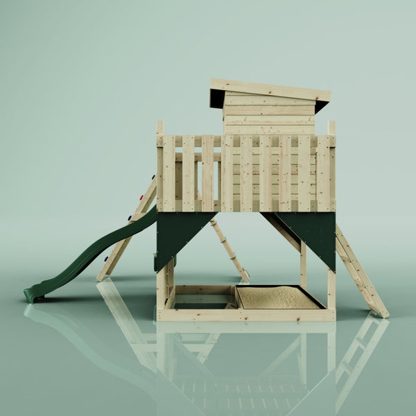 Spielturm aus Holz mit Spielhaus, Rutsche, Schaukel, Kletternetz, Leiter und integriertem Sandkasten.
