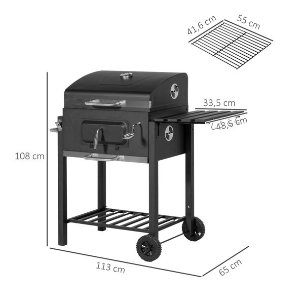Outsunny Holzkohlegrill, Grillwagen, 113 x 65 x 108 cm, Edelstahl, Schwarz