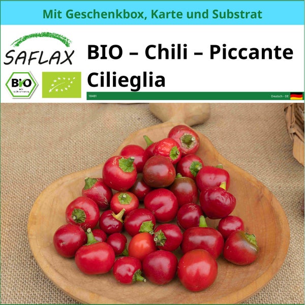 SAFLAX Geschenk Set - BIO – Chili – Piccante Cilieglia - Capsicum annuum - 10 Samen - Mit Geschenkbox, Versandaufkleber, Geschenkkarte und Anzuchtsubstrat