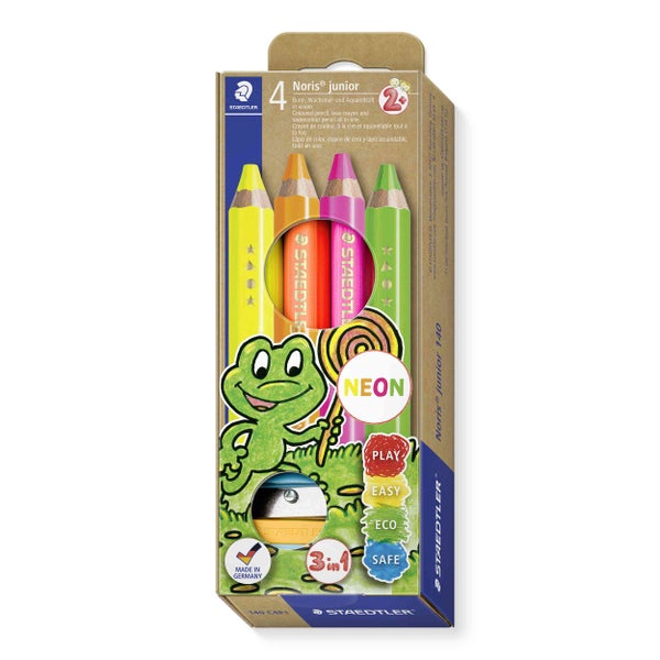 Packung mit vier Bunt-, Wachsmal- und Aquarellstiften der Marke Staedtler Noris junior