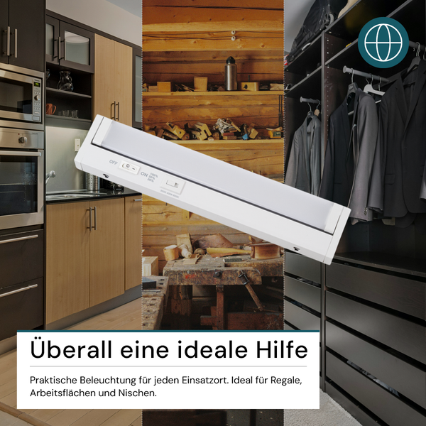Weiße LED-Unterbauleuchte mit Schalter für Regale und Arbeitsflächen, abgebildet in einer Küche, Werkstatt und einem organisierten Kleiderschrank.