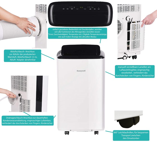 Honeywell mobile Klimaanlage mit FB + Abluftschlauch, Timer, 9000BTU Klimagerät