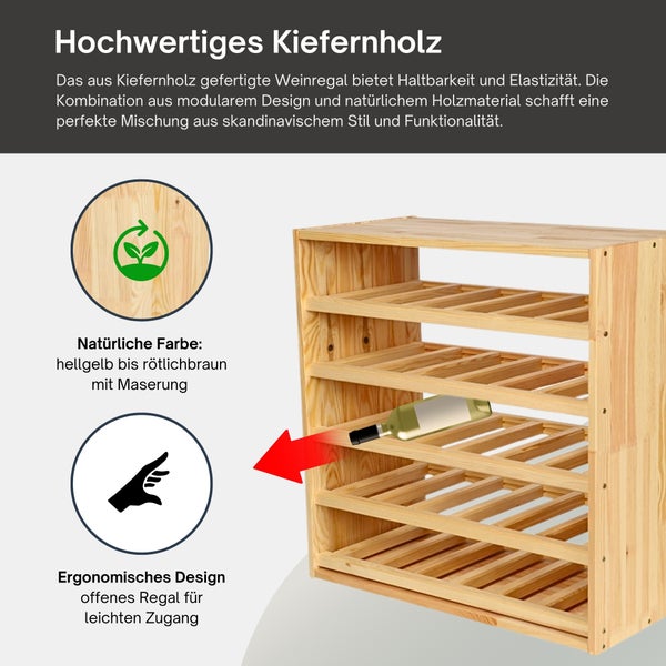 Weinregal aus Kiefernholz mit offener Struktur und natürlicher Maserung für den einfachen Zugriff auf Flaschen.