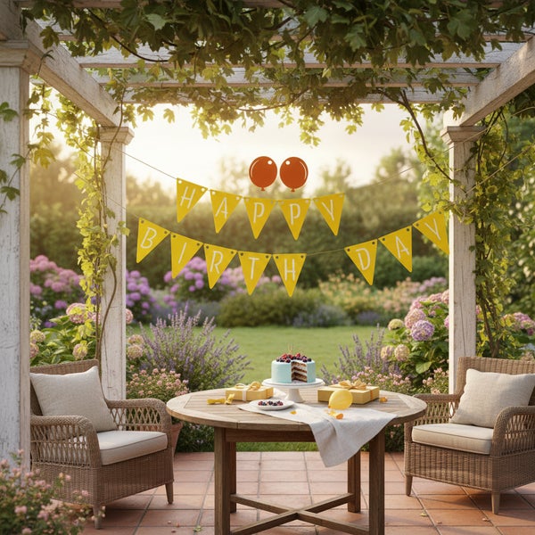 Festlich dekorierte Holzpergola im hellen Garten mit Happy Birthday Banner, rundem Holztisch, Torte und zwei Korbsesseln mit Kissen.