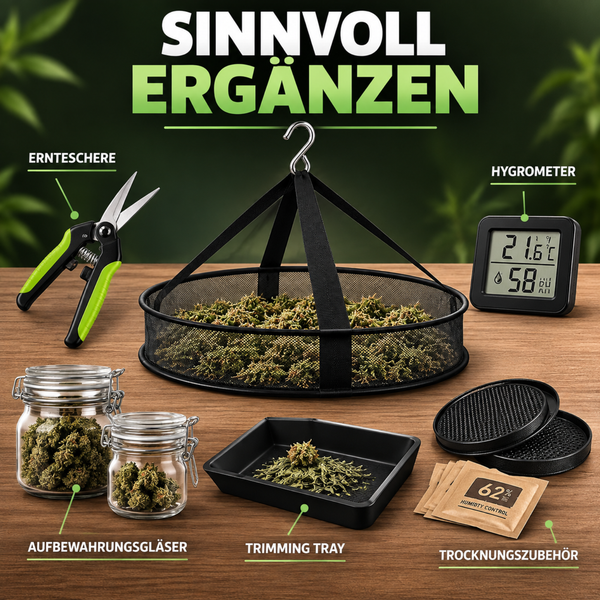 Trockennetz für Kräuter und Blüten mit einem Durchmesser von 46 Zentimeter, hängend mit Metallhaken und Netzstruktur.