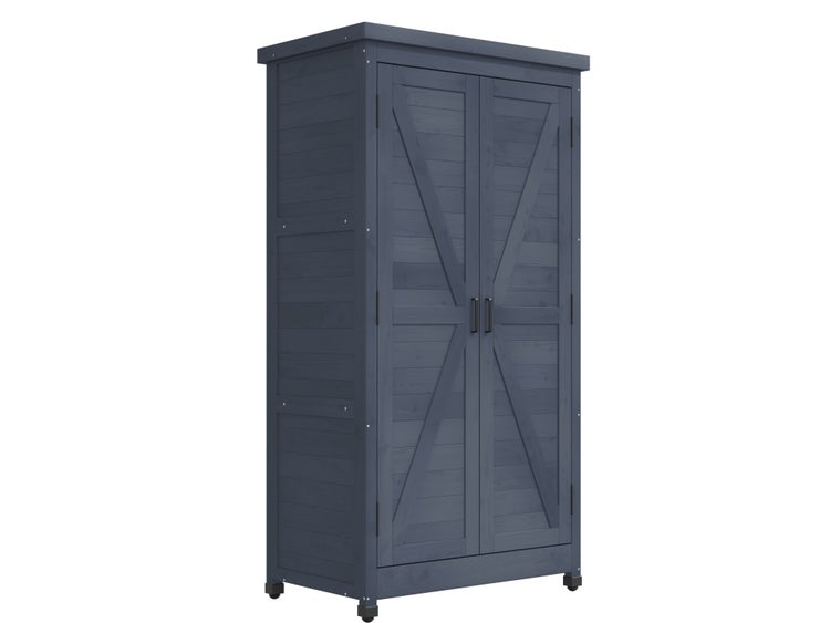 Gartenschrank aus Holz mit zwei Türen und Kreuzverstrebung.