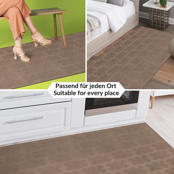 Teppich mit Halbkreis-Muster in verschiedenen Wohnbereichen