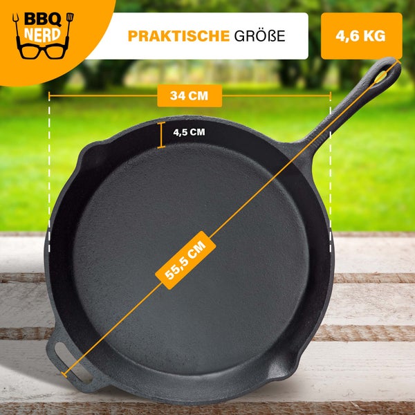 BBQ Nerd Grillpfanne Ø 30 cm 3600g mit Ausgießer und Griff | Gusseisenpfanne zum Grillen, Rösten, Anbraten | Antihaft-Pfanne Feuerpfanne - hitzebeständig & wärmespeichernd