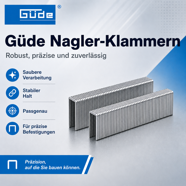 Güde Logo, zwei Streifen Heftklammern für Tacker und Nagler zur präzisen Befestigung mit sauberer Verarbeitung und stabilem Halt.