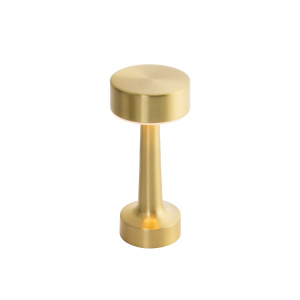 Moderne kabellose Tischleuchte aus Metall in Goldoptik mit rundem Schirm und schlankem Standfuß.