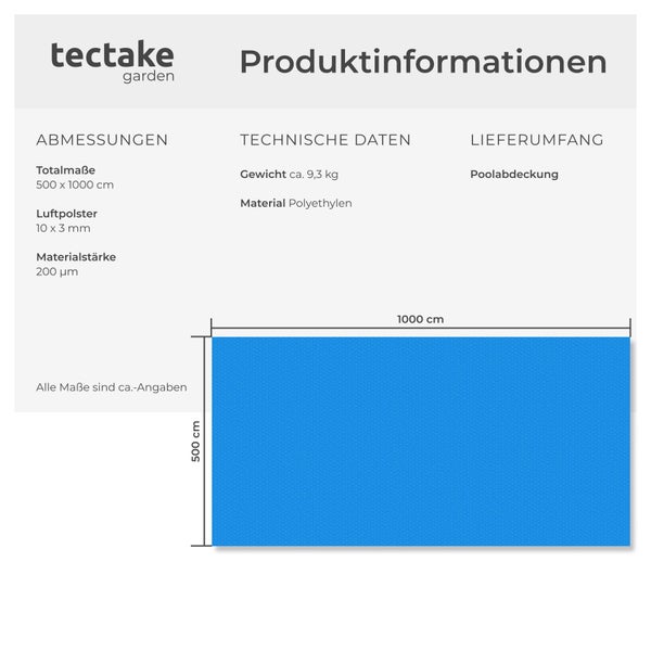Technische Zeichnung der Tectake Garden Poolabdeckung mit Maßen von 500 mal 1000 Zentimetern aus Polyethylen.