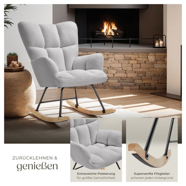 Schaukelstuhl tectake Torve 68 x 96 x 97 cm, Belastbarkeit 120 kg gepolstert mit Bouclé-Bezug, gesteppt hellgrau