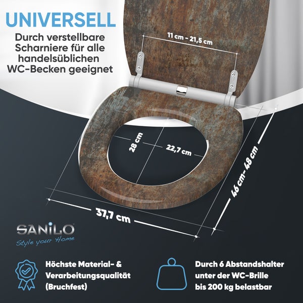 Sanilo Logo. Bruchfester WC-Sitz, Rost-Optik, universell, bis 200 Kilogramm belastbar. Breite 37,7 Zentimeter, Länge 46 bis 48 Zentimeter.