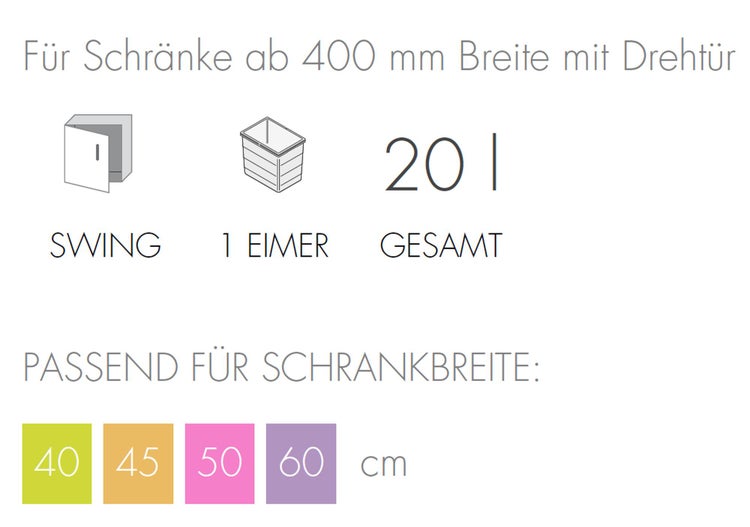 Information about cabinet widths from 40 centimeters to 60 centimeters and a total of 20 liters volume with swing function and one bucket