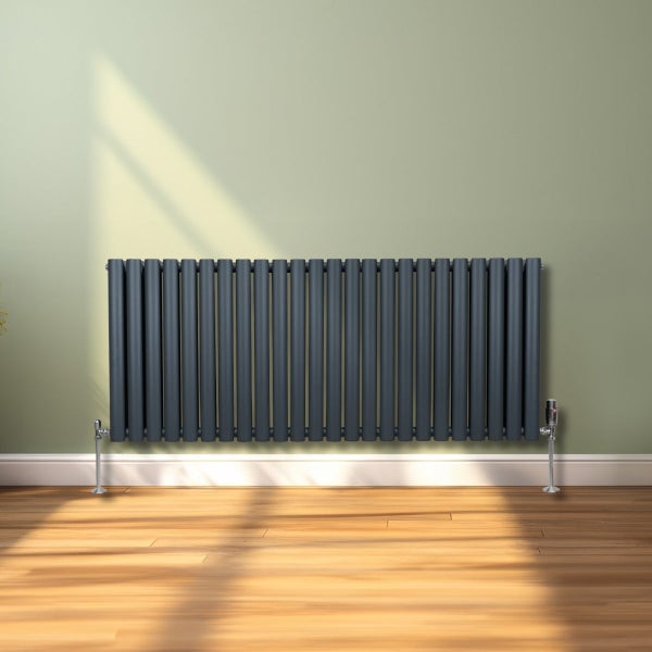 Oval Röhrenheizkörper & Chrom Thermostatventile – 600mm x 1440mm - Anthrazitgrau