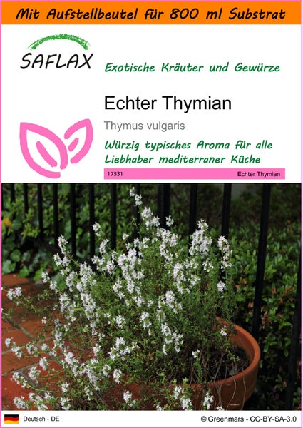 SAFLAX Garden in the bag - Echter Thymian - Thymus vulgaris - 200 Samen - Mit Anzuchtsubstrat im praktischen, selbst aufstellenden Beutel