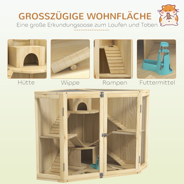 PawHut Hamsterkäfig aus Holz, Nagerkäfig mit 4 Ebenen, Hütten, Wippe, Kleintierstall mit Fütterungsstation, Rampe, Kleintierkäfig Mäusekäfig für Zwerg- und Syrische Hamster, 115 x 69,5 x 79 cm