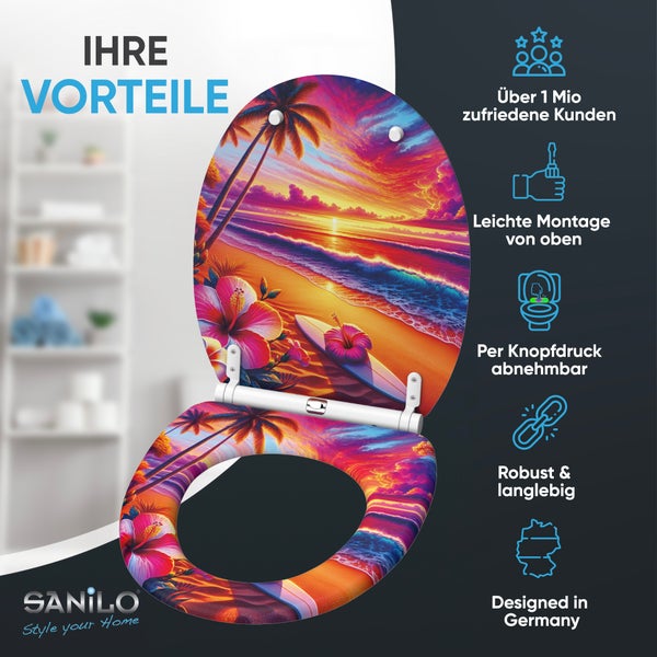 Sanilo WC Sitz mit Strand Motiv, abnehmbar mit Absenkautomatik und einfacher Montage von oben, hohe Produktqualitaet.