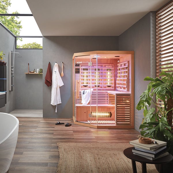 Home Deluxe – Infrarotkabine SAHARA XXL – 150 x 150 x 200 cm - für 2 - 3 Personen, 8 Vollspektrumstrahler, Holz: Hemlocktanne I Infrarotsauna, Sauna, Wärmekabine, Infrarot