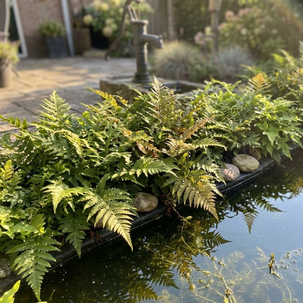 Farne am Rand eines Gartenteichs mit Steinen und Wasserpflanzen, im Hintergrund eine Schwengelpumpe.