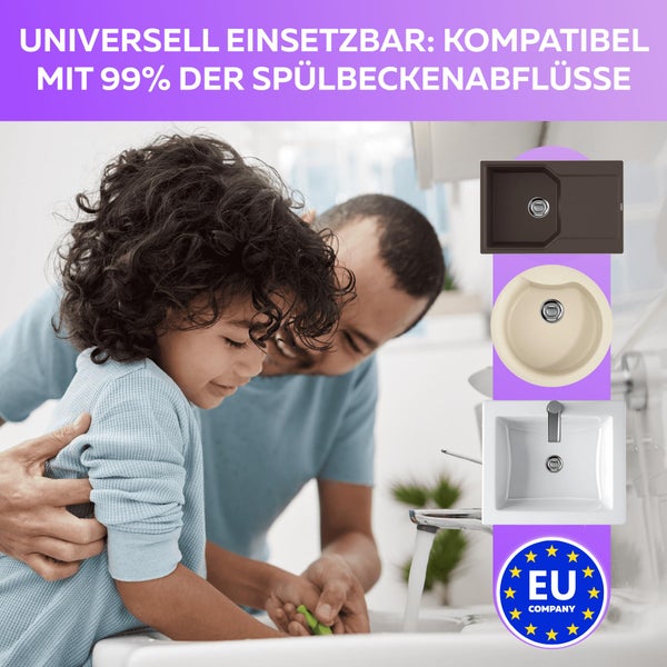 Vater und Kind waschen sich die Hände am Waschbecken, Spülbeckenvarianten und EU Company Logo