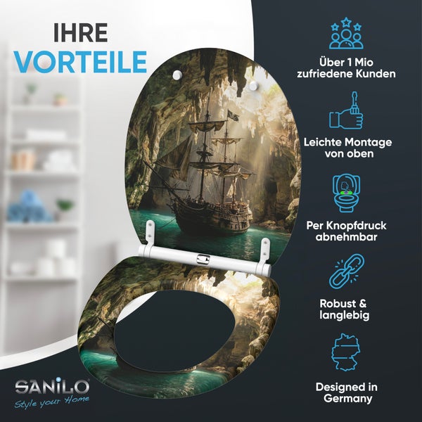 WC Sitz mit Piratenschiff Motiv in einer Grotte mit Montagevorteilen und SANILO Logo