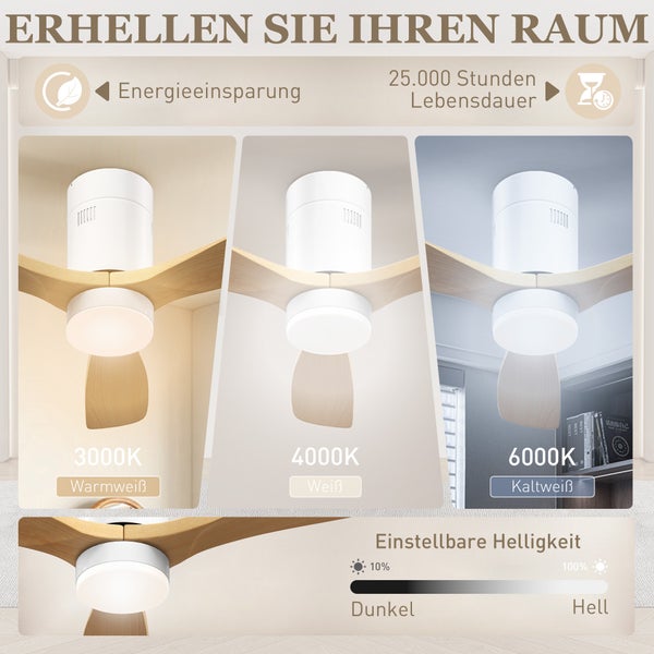 HOMCOM Deckenventilator mit Beleuchtung und Fernbedienung 117 cm LED Lampe mit Ventilator, 3 Flügeln, Umkehrbarer DC Motor, 3 Lichtfarben, 6 Geschwindigkeiten, Timer für Schlafzimmer