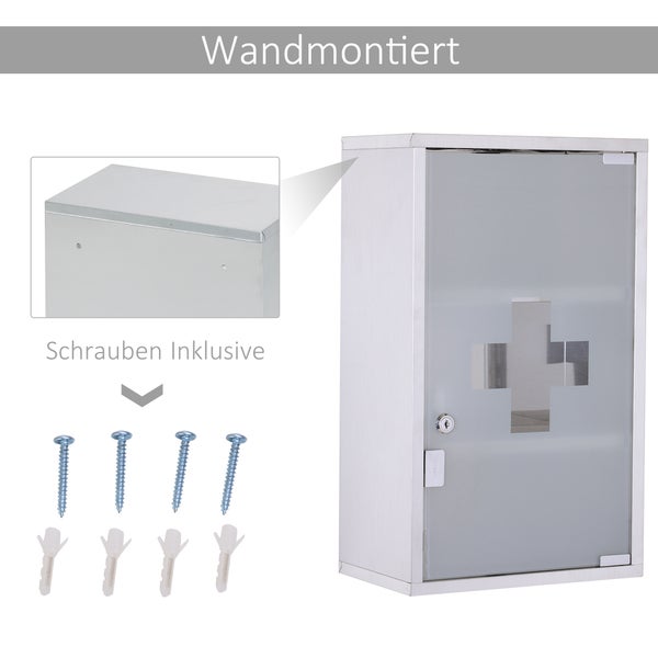 HOMCOM Medizinschrank Arzneischrank Erste Hilfe Schrank mit Schloss Edelstahl 30 x 18 x 50 cm