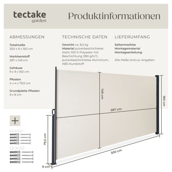 tectake garden Logo. Produktinformationen zur Seitenmarkise mit Maßen 300 mal 160 Zentimeter, technischen Daten, Material und Lieferumfang.