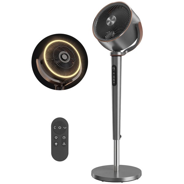 Dunkelgrauer Standventilator aus Metall mit kupferfarbenen Details, integriertem LED-Leuchtring, Fernbedienung und digitaler Anzeige.
