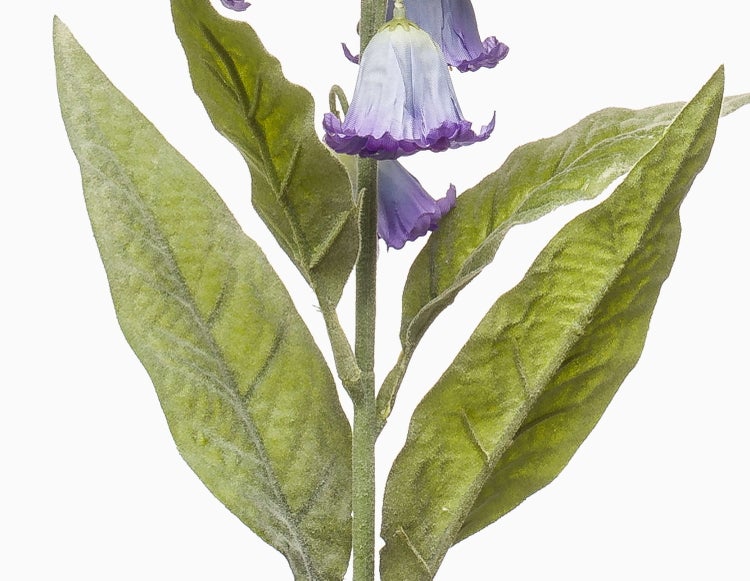 Künstlicher Blumenzweig mit lila glockenförmigen Blüten und grünen Blättern.