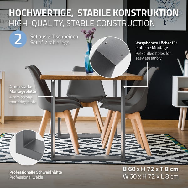 ECD Germany 2X Tischbeine aus Vierkantprofilen 80x40 mm, Tischgestell 60 x 72 cm, Grau, pulverbeschichtete Stahl, Industriedesign, Metall Tischuntergestell Möbelfüße, für Esstisch Schreibtisch