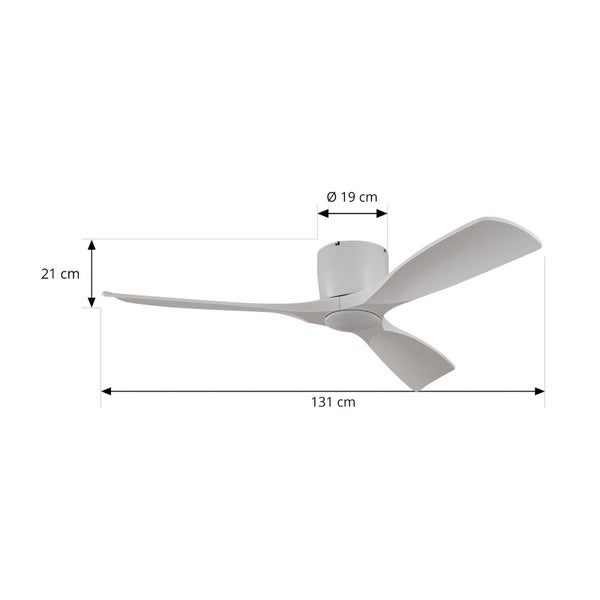 Moderner 3-flügeliger Deckenventilator mit Maßen: 131 Zentimeter Durchmesser, 21 Zentimeter Höhe und 19 Zentimeter Motordurchmesser.