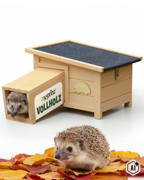 Igelhaus aus Vollholz mit wetterfestem Dach und Eingangstunnel sowie einem Igel im Vordergrund auf Herbstlaub.