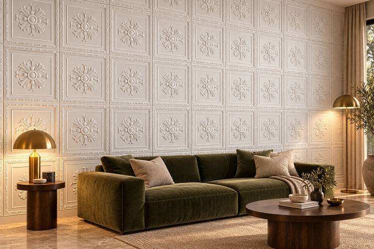 Wohnzimmer mit Wandpaneelen in Kassettenoptik mit floralem Reliefmuster, kombiniert mit einem Samtsofa und wohnlicher Beleuchtung.