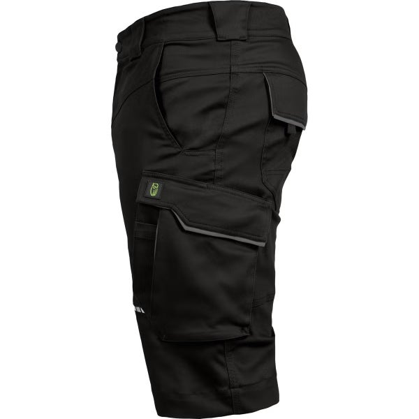 Schwarze Piratenhose für die Arbeit mit Seitentaschen, großer Beintasche mit Klappe und Gesäßtasche.