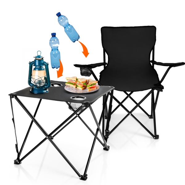 BigDean 2 Stück Campingstühle & Campingtisch faltbar – Faltstuhl in Schwarz mit Getränkehalter & Tragetasche ideal für Camping, Festival & mehr