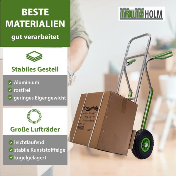 Trutzholm Sackkarre mit Aluminiumgestell und großen luftbereiften Rädern für den einfachen Transport von schweren Gegenständen.